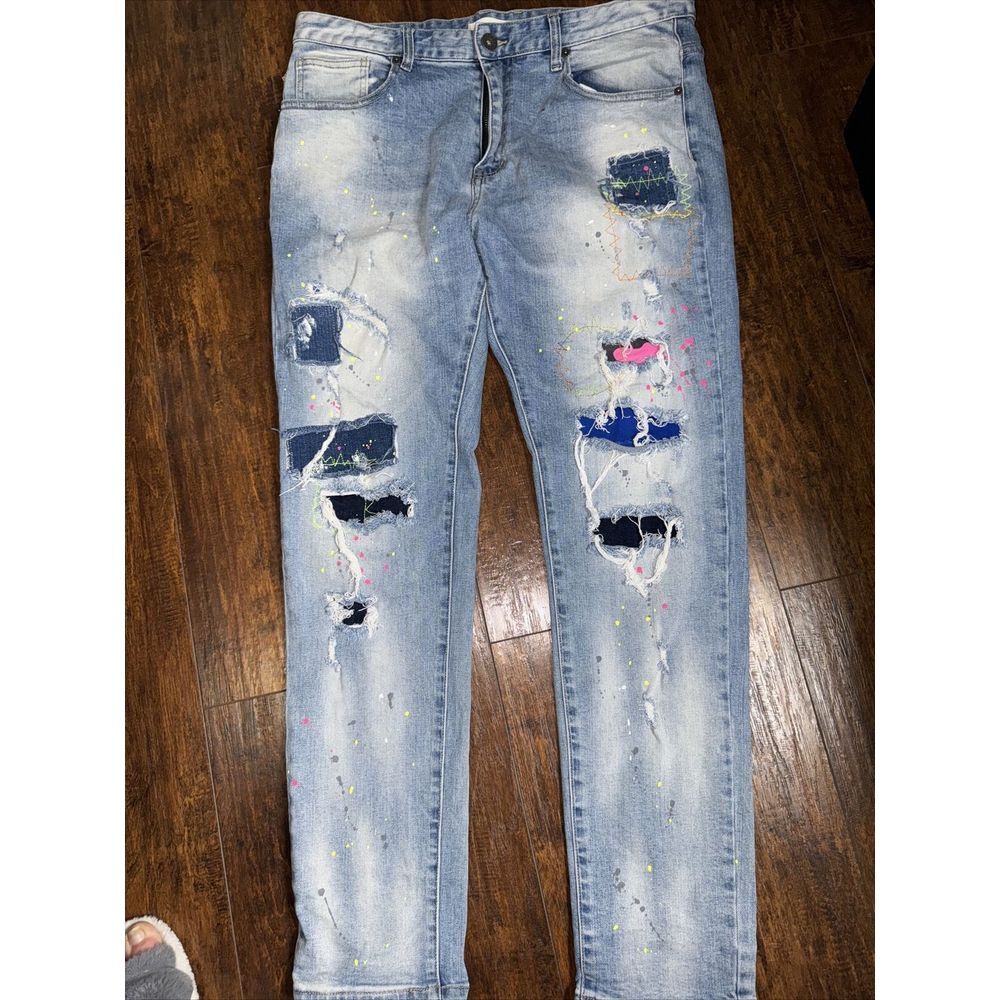 Kloud 9 Jeans Men 38x32 Blue Denim Straight Leg Destroyed Stretch Paint Splatter